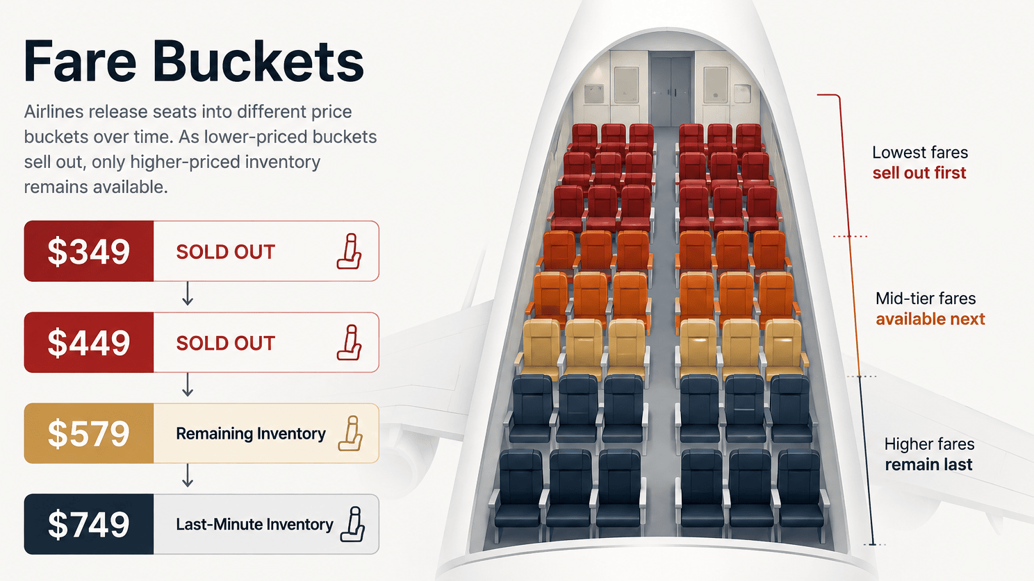Illustration showing airline fare buckets with lower-priced fares selling out first and higher-priced inventory remaining available as departure approaches.