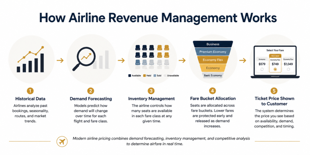 Infographic showing how airline revenue management works through historical data, demand forecasting, inventory management, fare bucket allocation, and real-time ticket pricing.