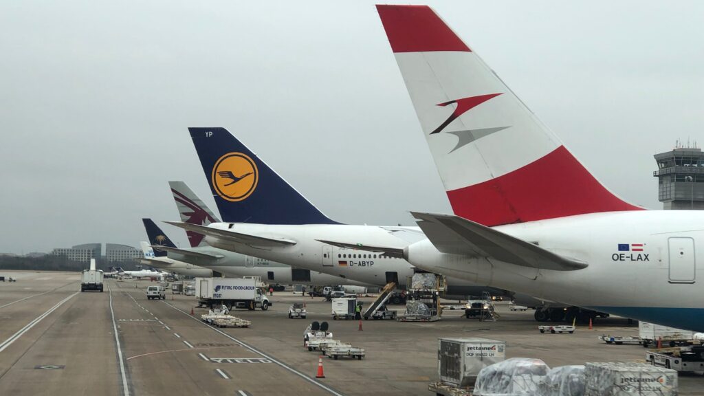 Multiple aircraft parked at gates at Washington Dulles Airport