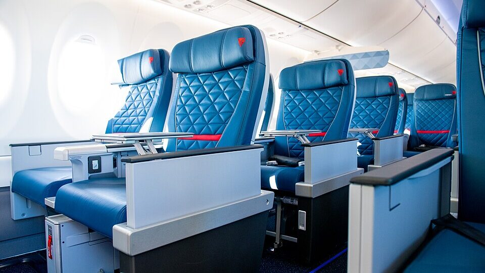 Delta Air Lines A220 First Class cabin with wider premium seats