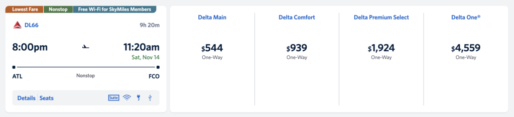 Delta Air Lines cash fare showing a nonstop one-way flight from Atlanta to Rome priced at $544, used to compare the value of buying airline miles versus paying cash.