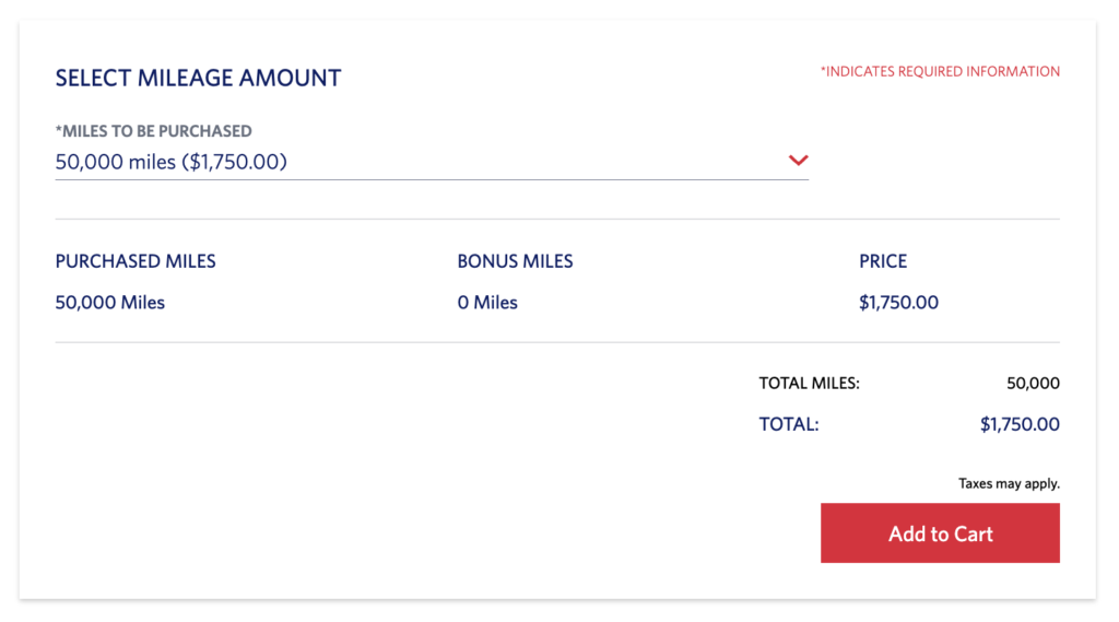 Delta SkyMiles purchase page showing the cost to buy 50,000 airline miles, illustrating why buying airline miles is often a poor value.