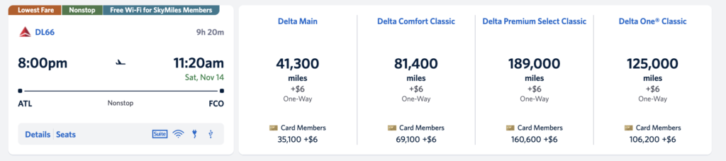 Delta SkyMiles award pricing showing 41,300 miles plus taxes for a nonstop one-way flight from Atlanta to Rome, illustrating how to calculate the value of airline miles.