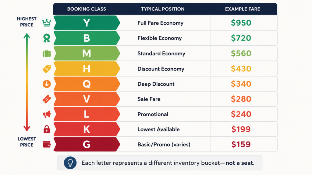 Illustration explaining airline fare buckets, booking classes, and how airlines sell the same economy seat at different prices using inventory-based pricing.