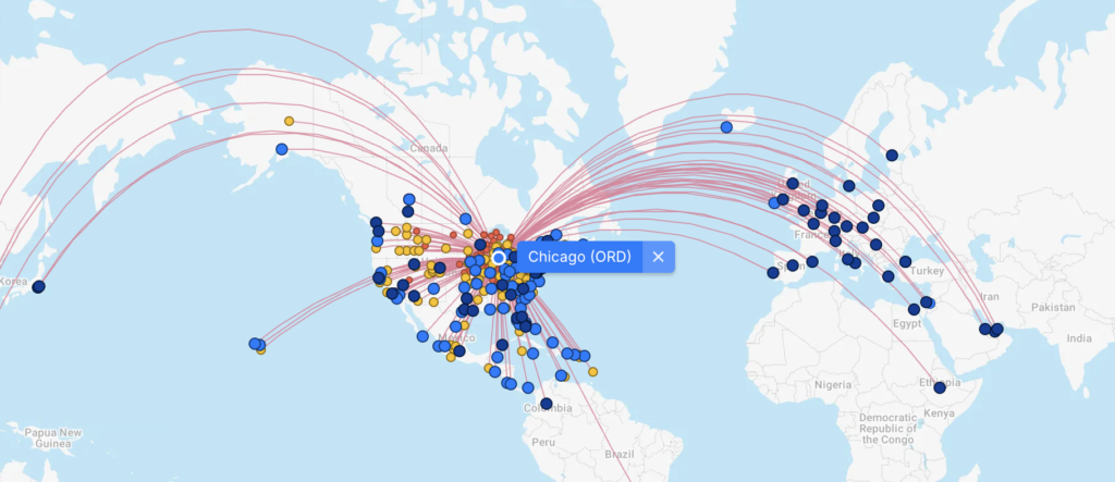 FlightConnections route map showing nonstop flights from Chicago O'Hare (ORD) to destinations across North America, Europe, the Caribbean, and Asia.