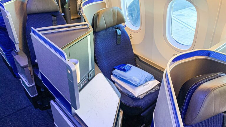 United Polaris business class seat illustrating the value of a free airline upgrade