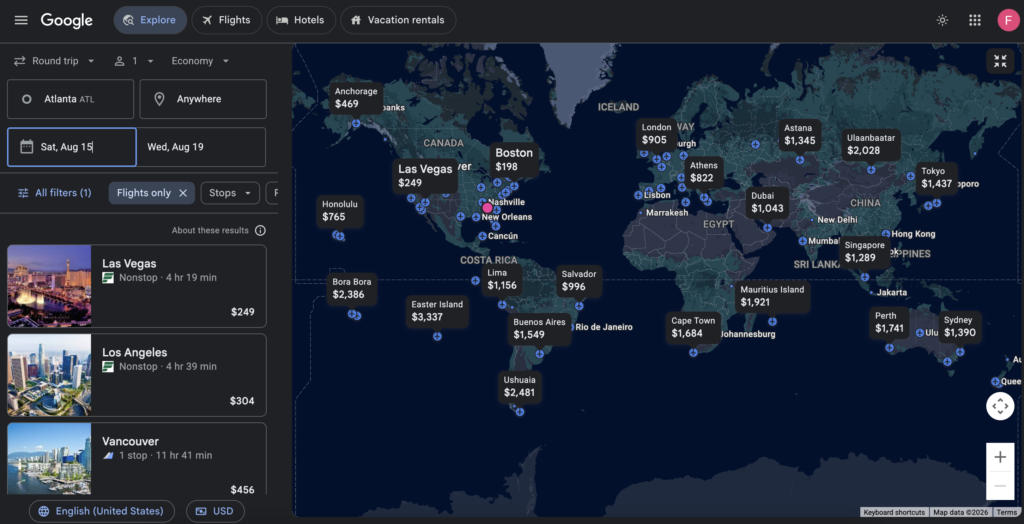 Google Flights Explore map showing airfare prices to destinations around the world from Atlanta using the Explore feature.