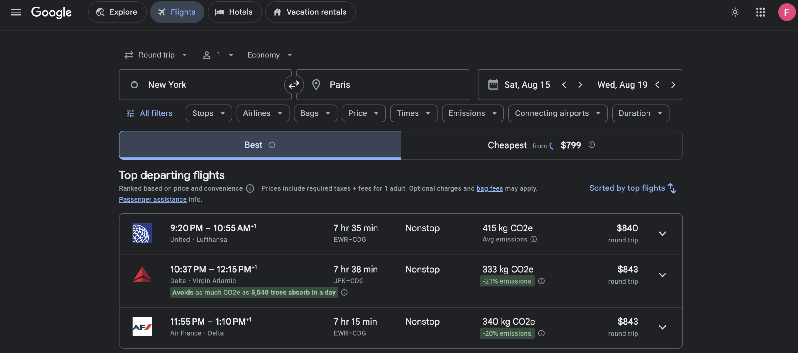 Google Flights search results showing how to use Google Flights to compare airlines, nonstop flights, travel dates, prices, and flight filters for a trip from New York to Paris.