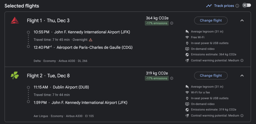 Open-jaw flight example from JFK to Paris with return from Dublin to JFK
