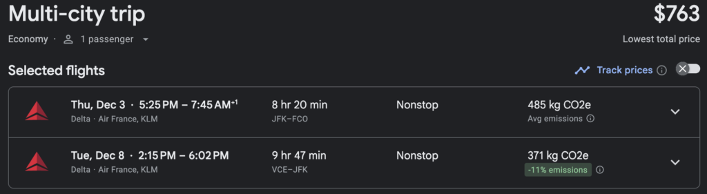 Open-jaw flight from New York JFK to Rome with return from Venice to JFK