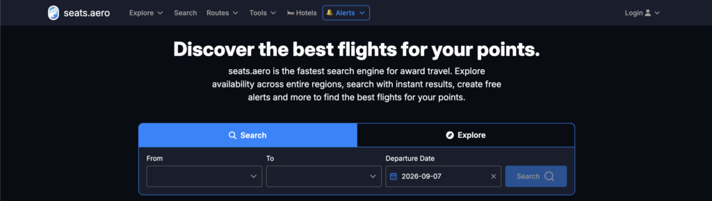 Best Tools for Finding Cheap Flights: Seats.aero homepage showing the award flight search engine for finding airline award availability by origin, destination, and travel date.