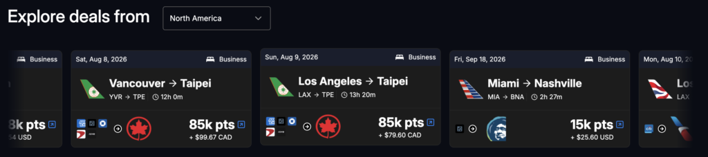 Seats.aero Explore page displaying available award flight deals from North America, including business class and economy redemptions using airline miles.