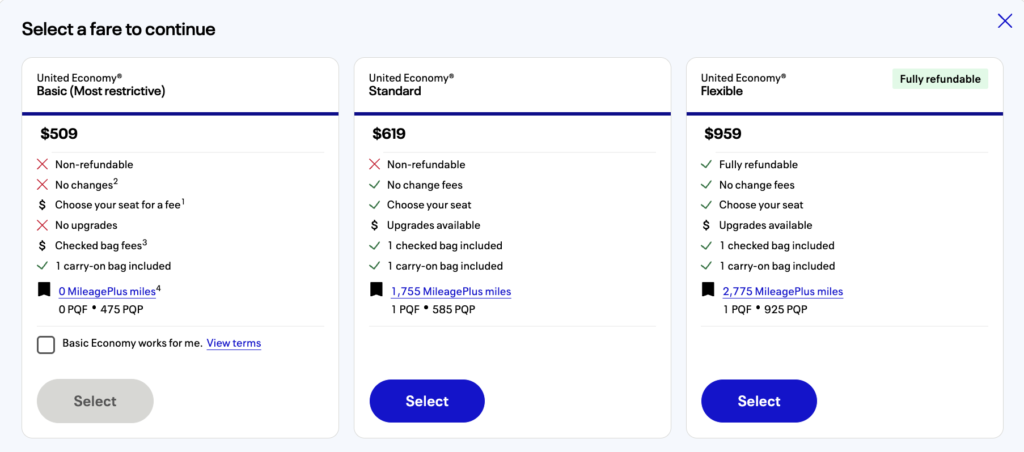 United Airlines fare comparison showing Basic Economy, Standard Economy, and Flexible Economy, highlighting restrictions, baggage, seat selection, refunds, and upgrade eligibility.