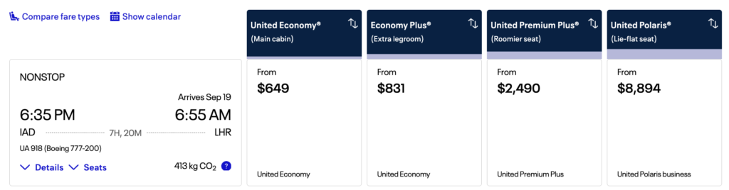 United Economy Plus vs Premium Plus pricing on a flight to London