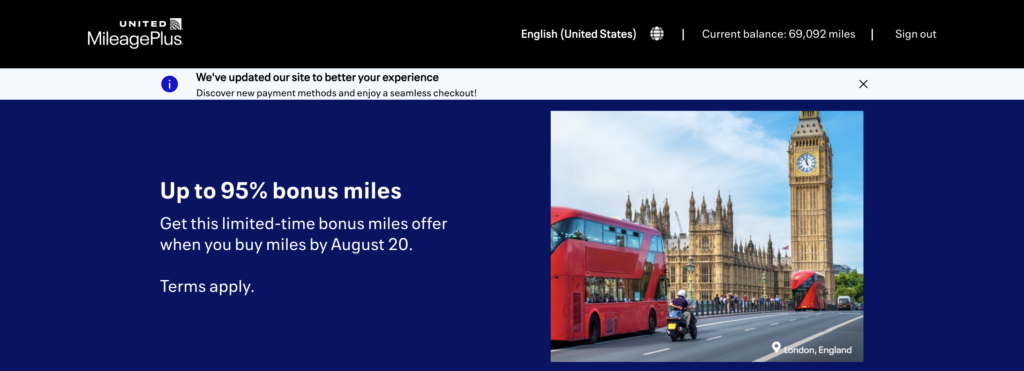 United MileagePlus promotion offering up to a 95% bonus when buying airline miles, illustrating a typical airline mileage sale that encourages travelers to purchase miles.