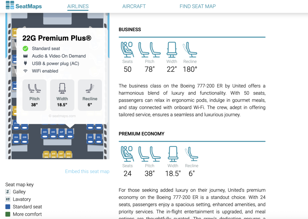 United Premium Plus seat showing 38-inch pitch, 18.5-inch width and 6-inch recline