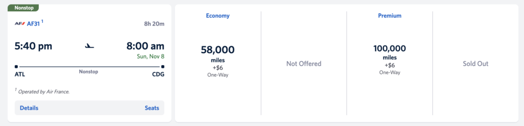Air France award flight bookable with Delta miles through the SkyTeam alliance