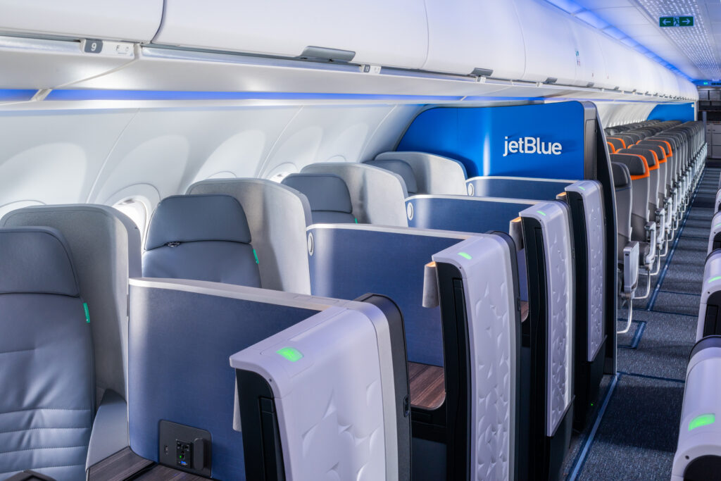 JetBlue Mint lie-flat business class cabin compared with BlueFirst first class