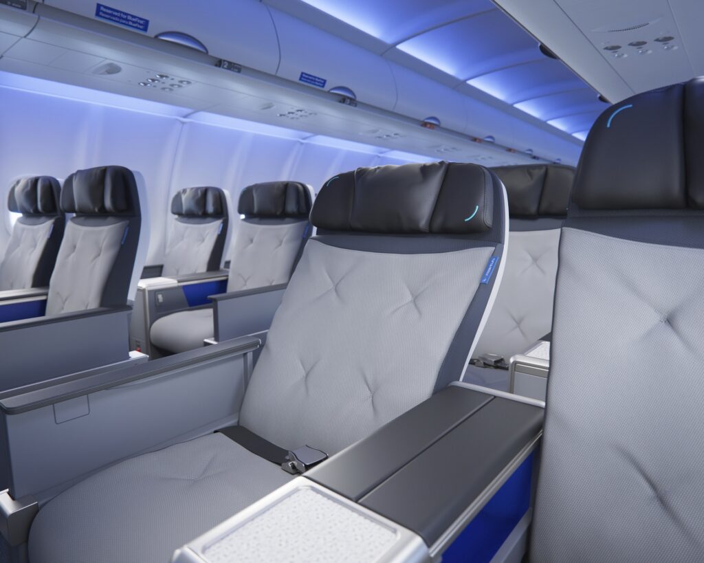 JetBlue BlueFirst first class cabin with wide recliner seats in a 2-2 configuration