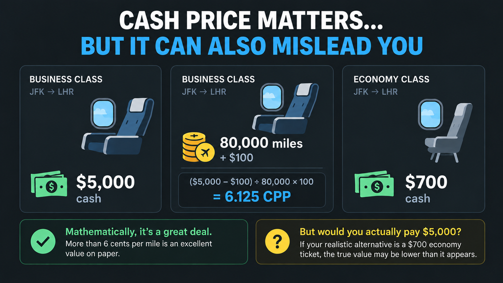 Cash price versus airline miles comparison showing how a 6.125 CPP redemption can overstate personal value