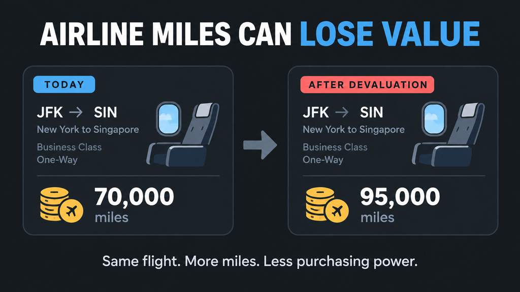 Airline miles devaluation showing the same flight increasing from 70,000 to 95,000 miles