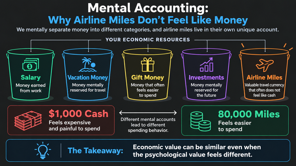 Mental accounting infographic showing why spending that airline miles value can feel easier than paying cash for a flight.