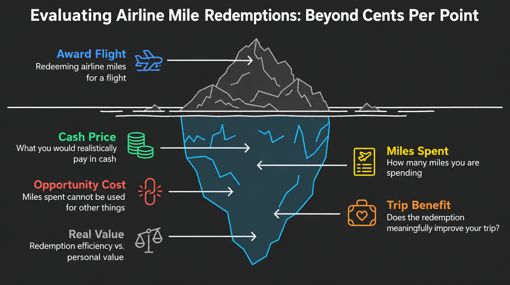 Iceberg infographic showing how to evaluate points vs cash for airline mile redemptions using cash price, miles spent, opportunity cost, trip benefit, and real value.