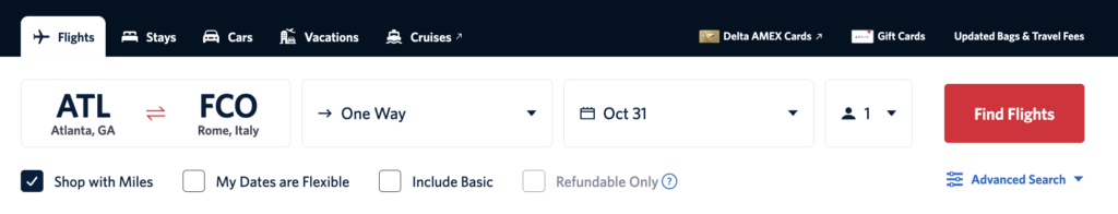 Delta flight search with Shop with Miles selected for an award flight
