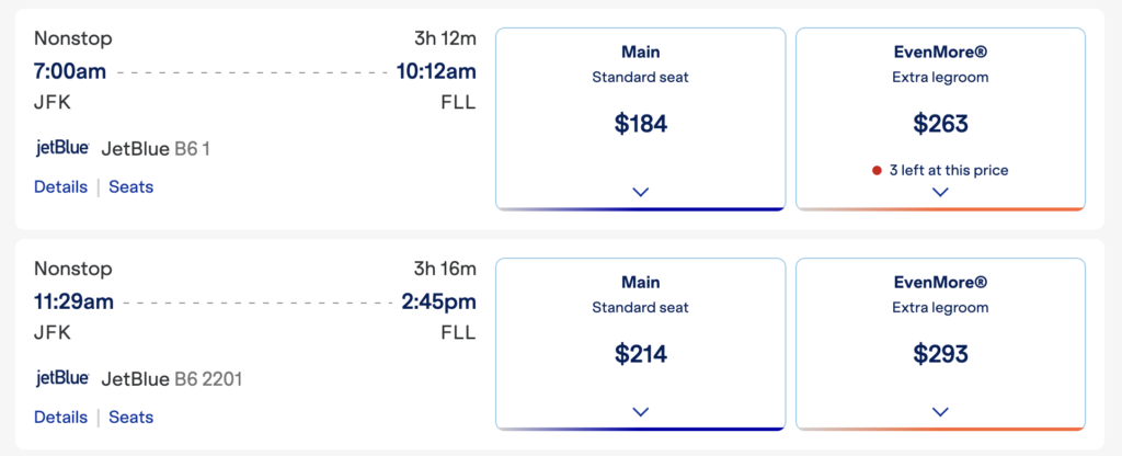 JetBlue Main and EvenMore fare prices from JFK to Fort Lauderdale