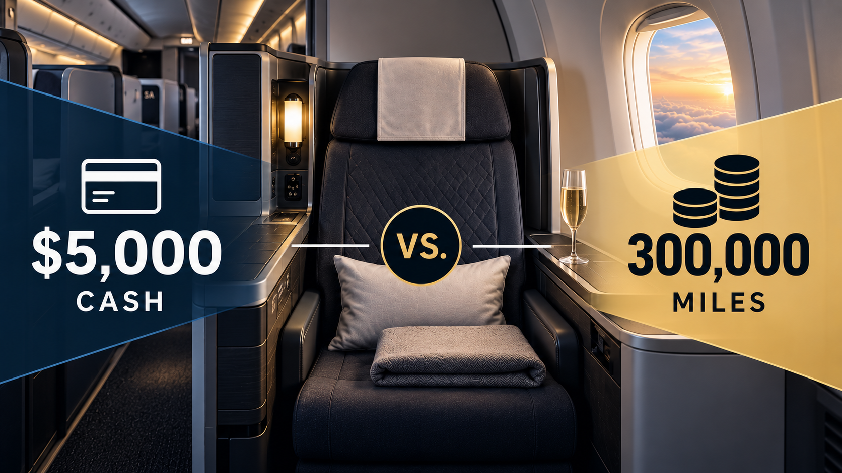 Business class seat comparing $5,000 cash vs 300,000 airline miles