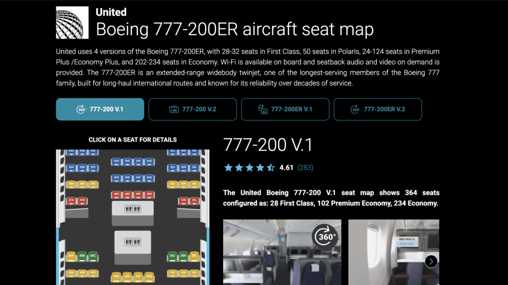 SeatMaps United Boeing 777-200 seat map showing different seat locations and aircraft configuration