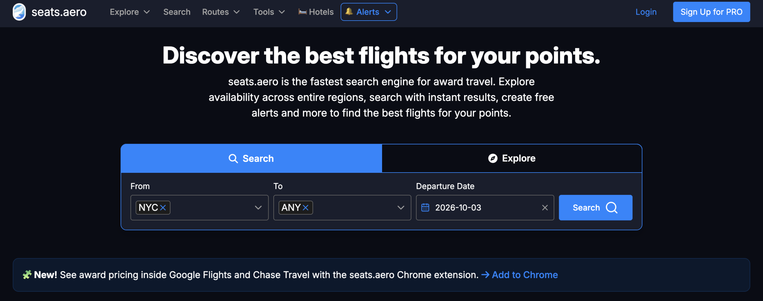 Seats.aero award flight search tool for finding flights with airline miles and points