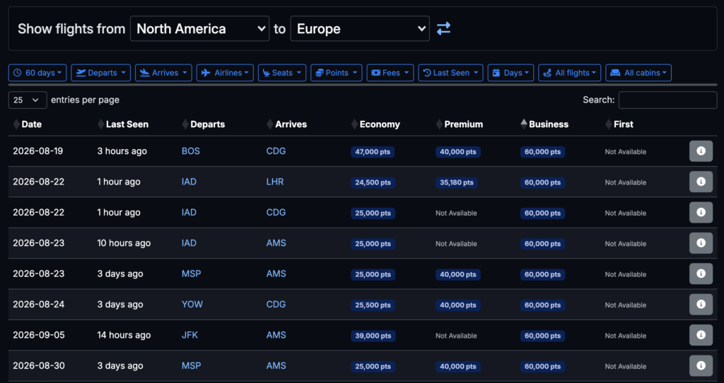 Seats.aero Explore showing award availability from North America to Europe