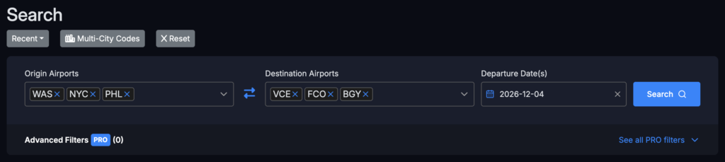 Seats.aero search showing New York as the origin and multiple Italy airports as destinations for how to use seats.aero