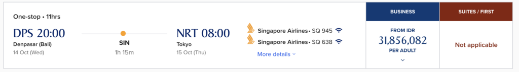 Singapore Airlines business class Bali to Tokyo cash price of 31.9 million IDR