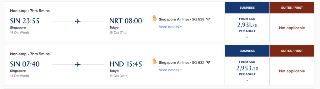 Singapore Airlines business class cash fare from Singapore to Tokyo for S$2,931