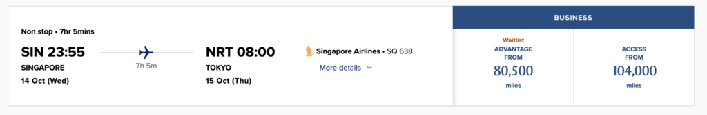 Singapore Airlines business class award from Singapore to Tokyo for 104,000 KrisFlyer miles showing KrisFlyer miles value