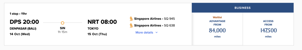 Singapore Airlines KrisFlyer business class award from Bali to Tokyo for 147,500 miles
