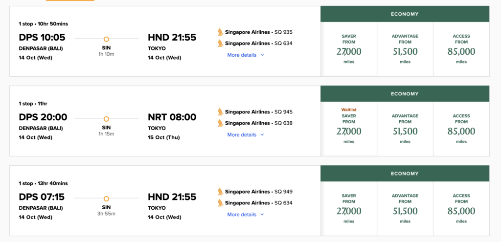 Singapore Airlines KrisFlyer economy award from Bali to Tokyo for 27,000 miles showing KrisFlyer miles value