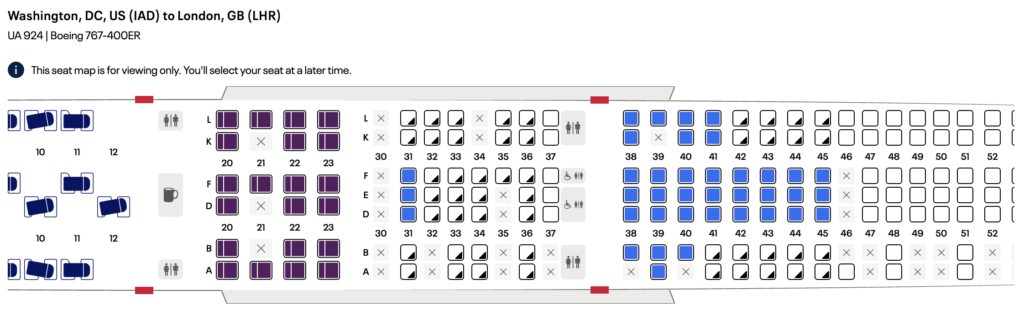 United Boeing 767-400ER seat map showing 2-3-2 economy seating and 2-2-2 Premium Plus