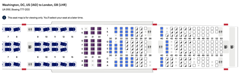 United Boeing 777-200 seat map showing 3-4-3 economy seating and 2-4-2 Premium Plus