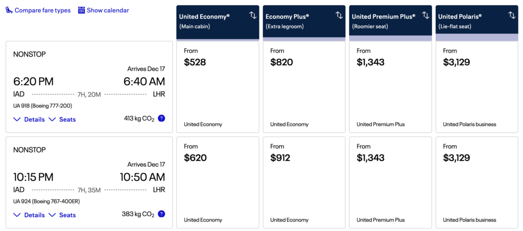 United IAD to London flight comparison showing Boeing 777-200 and 767-400ER departure times and fares