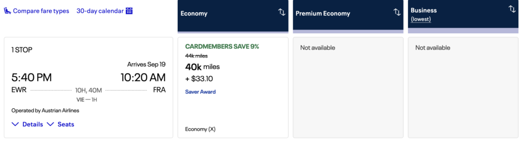 Austrian Airlines partner award bookable with United MileagePlus miles