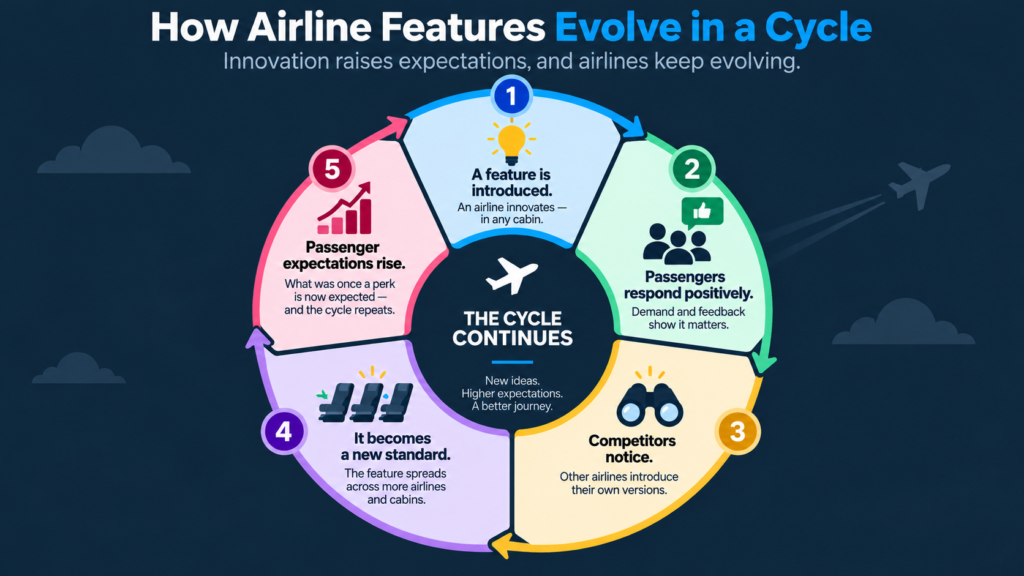 Airline feature innovation cycle showing how new cabin features raise passenger expectations and become industry standards