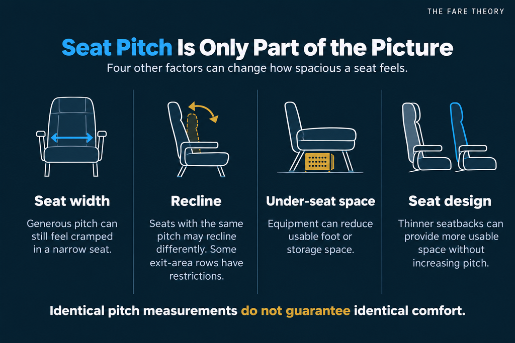 Airline seat diagrams showing how seat width, recline, under-seat space, and seatback design affect comfort beyond seat pitch.