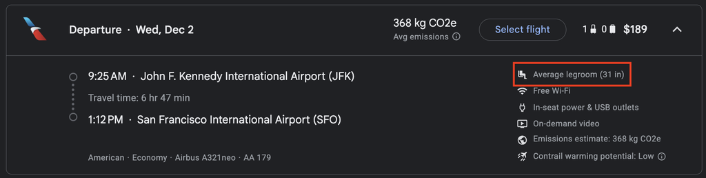 Google Flights showing average legroom of 31 inches for an economy flight