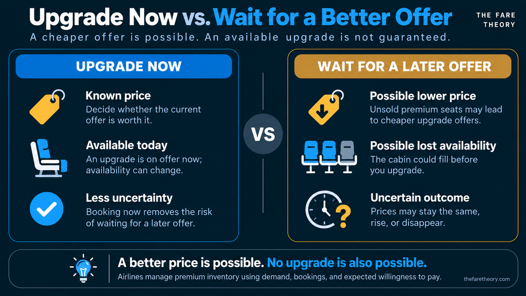 Infographic comparing upgrading now with waiting for a cheaper airline upgrade, including the risk of losing premium-cabin availability.