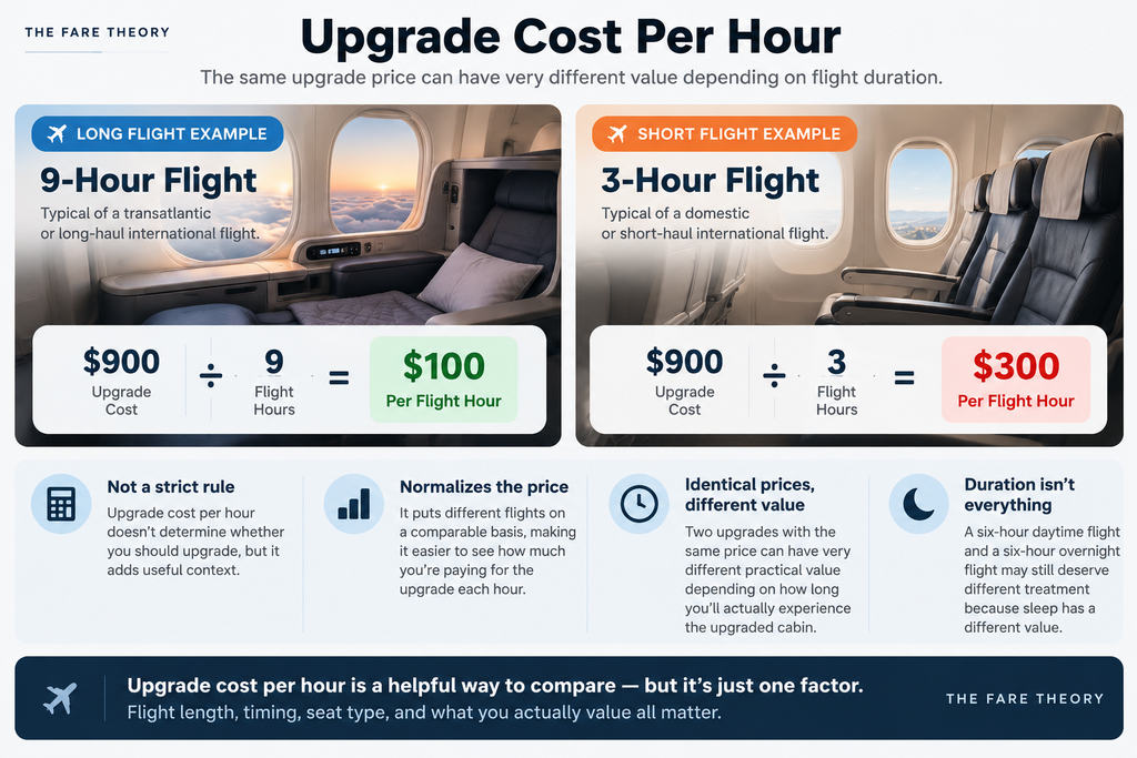 Infographic comparing a $900 upgrade on a 9-hour flight at $100 per hour with a 3-hour flight at $300 per hour.