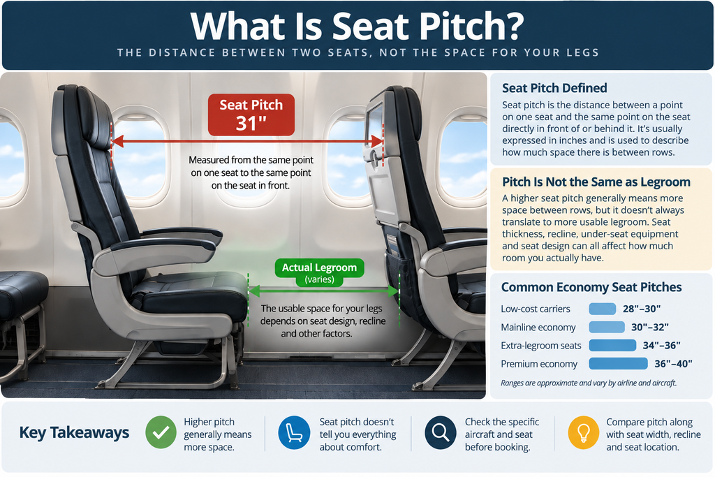 What is seat pitch infographic showing how airline seat pitch is measured between two airplane seats